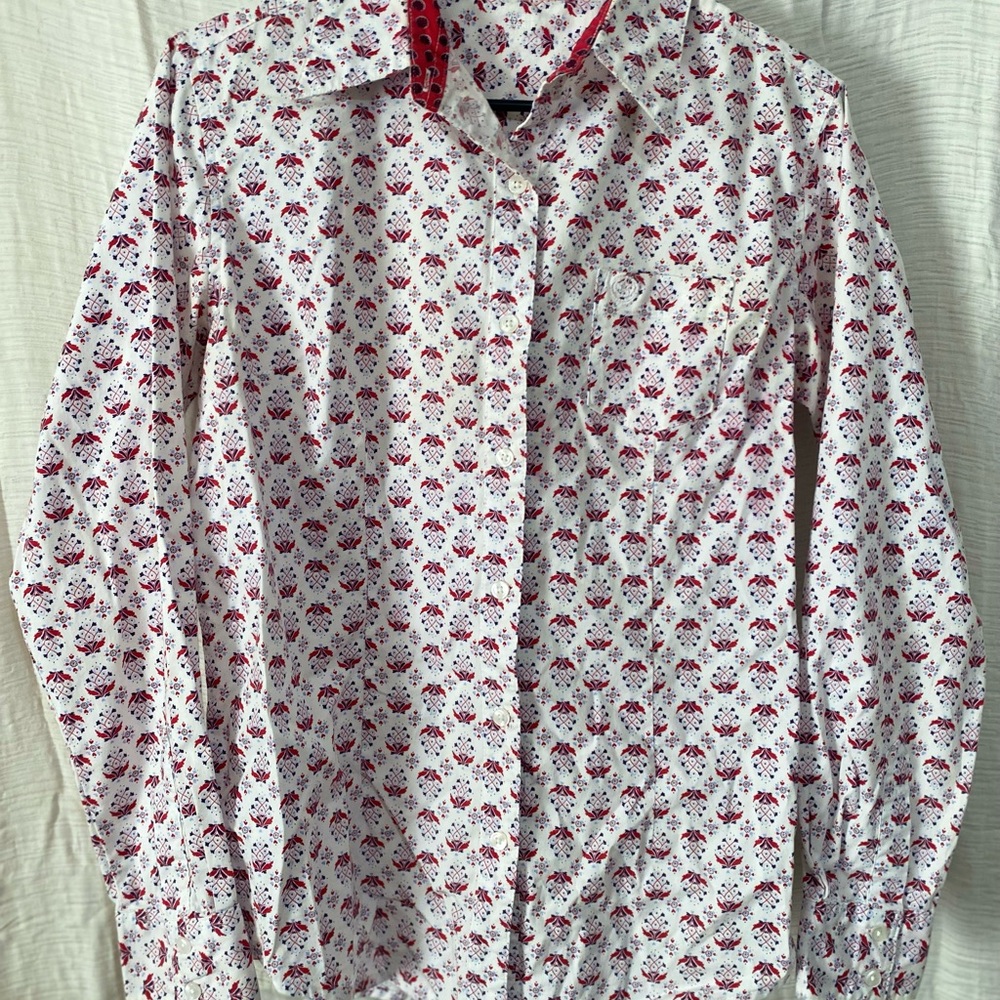 White and Red Flower Pattern Button Down Shirt